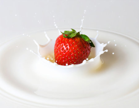 A strawberry falls into a pool of milk, creating a dramatic splash that sends droplets flying. The contrasting colors enhance the visual appeal of this energetic moment.の素材
