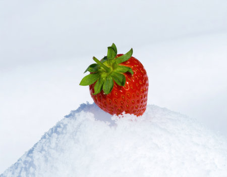 A vibrant red strawberry is placed delicately on a mound of fresh, white snow. The contrast between the fruit and the snow showcases a unique winter scene, emphasizing natural beauty.の素材
