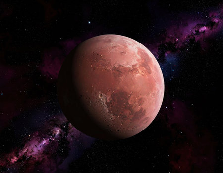 A detailed view of the red planet, showcasing its rugged surface and craters, surrounded by a dark cosmic expanse filled with colorful nebulae and stars shining in the background.の素材
