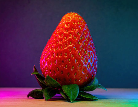 A striking strawberry stands prominently, its bright red hue contrasting against a dark background. Colorful lighting highlights the berry's texture and freshness, making it visually appealing.の素材