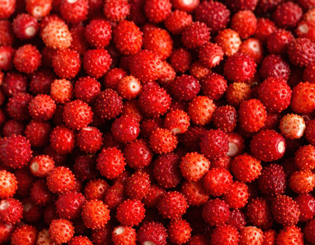 Numerous ripe strawberries cover the surface, showing their bright red colors and small seeds. Each berry displays a unique texture and shape, inviting a taste of sweetness.の素材