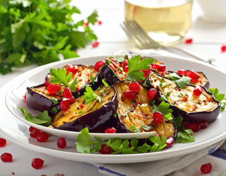 Grilled eggplant slices are presented on a white plate, garnished with vibrant pomegranate seeds and fresh cilantro. This colorful dish showcases a healthy, flavorful combination perfect for any meal, appealing to lovers of vegetarian cuisine.の素材