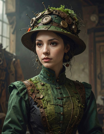 Woman in a detailed steampunk outfit with intricate hat surrounded by vintage tools Generative AIの素材