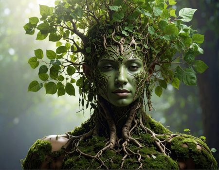 Woman blended with nature, embodying a tree spirit in a lush forest setting Generative AIの素材