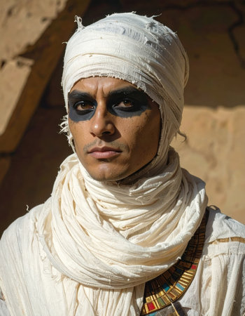 Generative AI illustration of a character in traditional attire with unique face paint Generative AIの素材