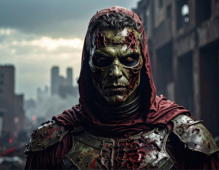 A fierce warrior stands in a ruined city, wearing armor and a dark cloak. His scarred face hints at past battles.の素材