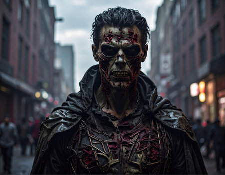 A dark figure with eerie features walks through an urban alleyway during dusk, surrounded by people. Shadows create a haunting atmosphere.の素材