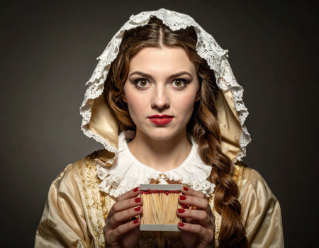 A woman in a historical costume stands in a dim environment, holding a matchbox with a serious expression.の素材