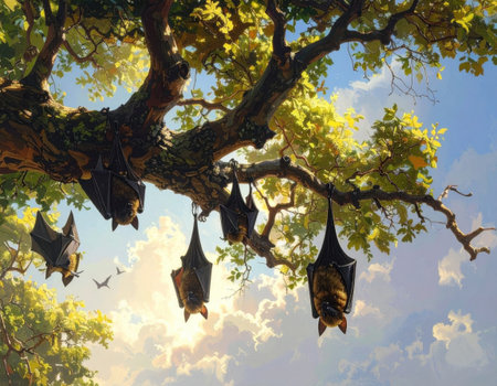 Bats are suspended upside down from tree branches amidst vibrant green leaves and a clear blue sky, creating a serene scene at dusk.の素材