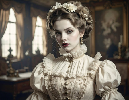 A young woman dressed in a detailed Victorian gown, showing her elaborate hairstyle and jewelry in an elegant interior.の素材