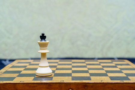 A solitary white king chess piece rests on a classic wooden chessboard, creating a moment of...