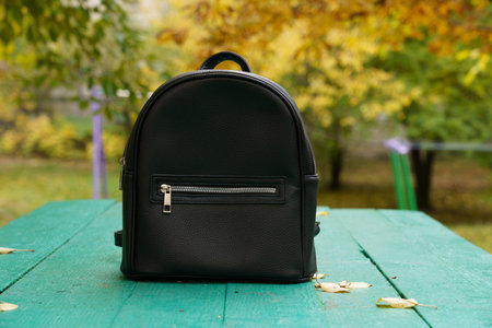 A stylish black backpack sits on a green wooden table with colorful autumn leaves in the background,...