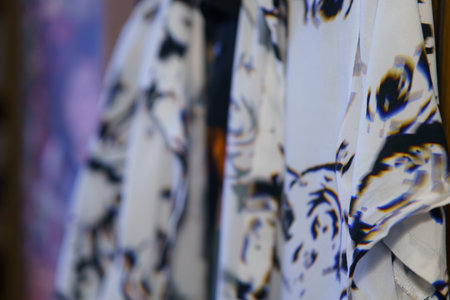 Colorful clothing hangs on a rack, showcasing unique patterns and textures in a stylish store setting.の写真素材