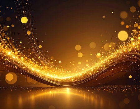 Shimmering golden lights flow gracefully across a dark background, creating a magical effect that captivates the eye.の素材