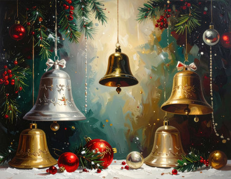 Colorful holiday bells hang from greenery, surrounded by ornaments and sparkling decorations, creating a joyful festive atmosphere.の素材