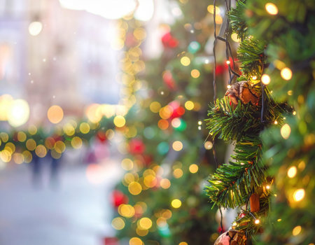 Colorful lights and festive decorations adorn the street, creating a joyful holiday atmosphere as people stroll by.の素材