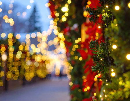 Colorful lights illuminate a winter street, creating a magical atmosphere for the holiday season.の素材
