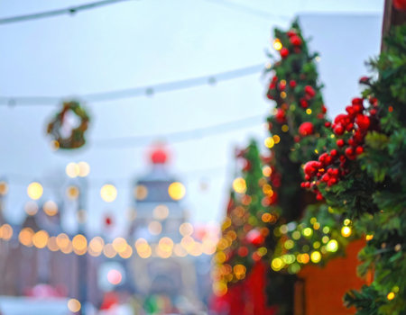 Colorful wreaths and lights decorate a street, creating a festive atmosphere for the holiday celebrations.の素材