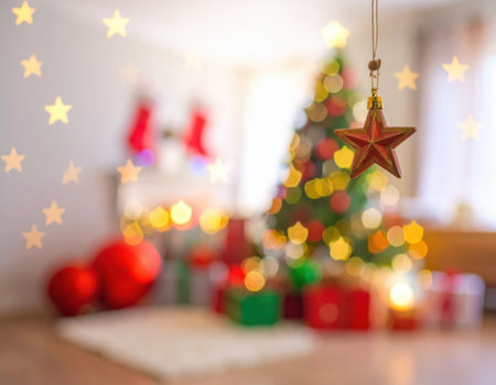 A star ornament hangs in focus, with a beautifully decorated Christmas tree and gifts in the background, creating a cozy holiday scene.の素材