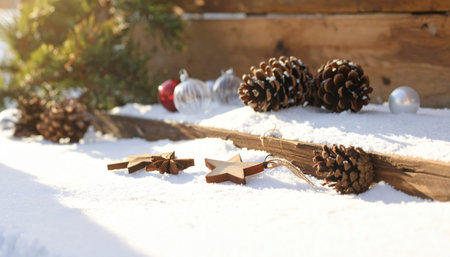Bright sunlight glimmers on a snowy surface decorated with pinecones and colorful ornaments, creating a festive winter atmosphere.の素材