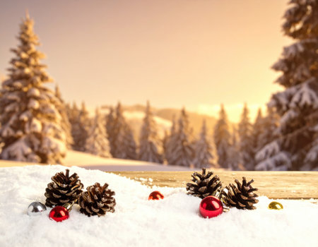Pine cones and colorful ornaments rest on a snowy surface as the sun sets behind trees in a winter wonderland.の素材
