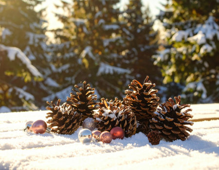 Pine cones and colorful ornaments are arranged on fresh snow in a sunlit forest during winter. The scene captures a festive mood in nature.の素材