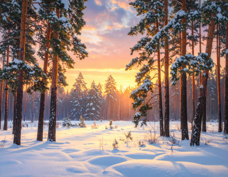 Snow blankets the forest floor as the sun sets, illuminating the trees with a warm golden glow. The scene captures the serenity of winter.の素材