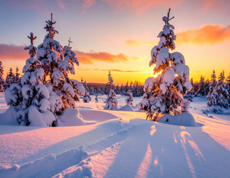 Snow-covered trees stand tall as the sun sets, casting golden light over a peaceful winter scene filled with fresh snow.の素材