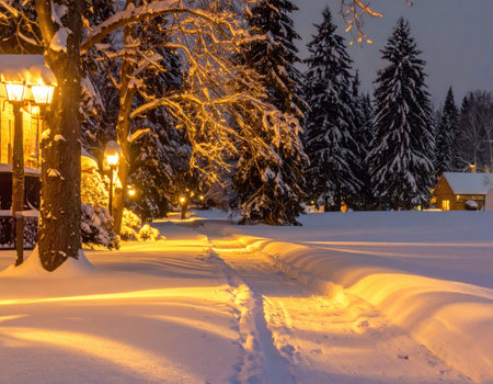 A tranquil pathway lined with glowing lamps is covered in fresh snow at dusk. Pine trees surround the scene, creating a peaceful atmosphere.の素材