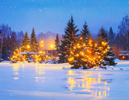 Brightly lit Christmas trees stand by a frozen lake under a gentle snowfall at twilight. The peaceful scene captures the essence of winter.の素材