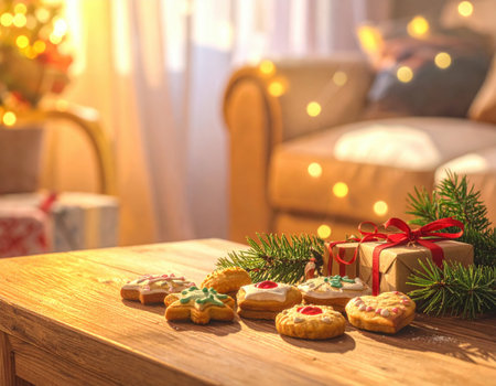 Colorful holiday cookies are displayed on a wooden table decorated with greenery and a gift, creating a cozy festive atmosphere.の素材