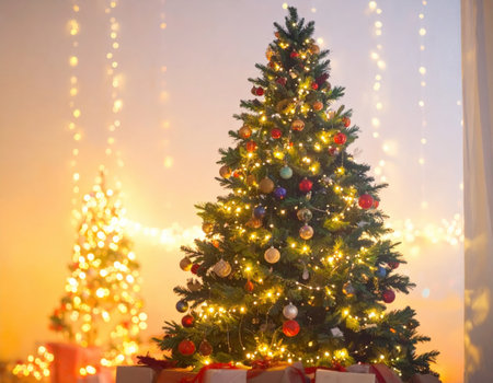 Colorful Christmas tree shines brightly with lights and ornaments, creating a festive warm atmosphere in a decorated room.の素材
