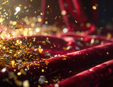 Colorful confetti cascades over elegant red velvet, capturing the spirit of celebration during a lively event.の素材