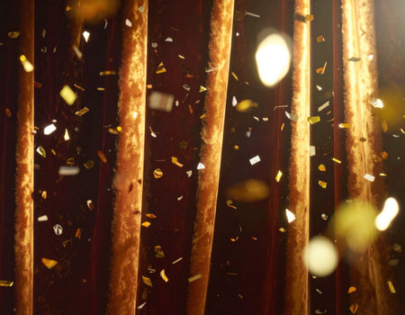 Bright confetti streams down in a lively atmosphere, celebrating an exciting event in a warm-toned, intimate space.の素材