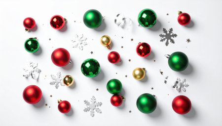 Bright red and green ornaments, golden accents, and silver snowflakes are arranged, enhancing the cheerful spirit of the holiday season.の素材