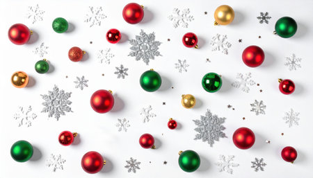 Bright red, green, and gold ornaments mix with glittering snowflakes on a light background, creating a joyful holiday setting.の素材