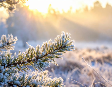 A frost-covered pine branch shines brightly as the morning sun rises, creating a magical winter landscape filled with soft, glowing light.の素材