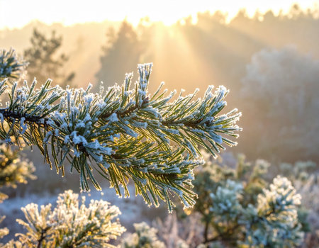 Frost-covered pine branches catch the sunlight in a serene winter landscape, showing nature's beauty at dawn.の素材