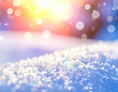 Bright sunlight sparkles on a layer of fresh snow, creating a peaceful winter scene filled with colors and soft bokeh effects.の素材