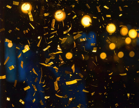 Shimmering golden confetti floats through the air, illuminated by soft glowing lights during a joyful evening event.の素材