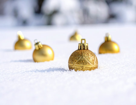 Beautiful golden ornaments scattered in a blanket of fresh white snow, capturing the essence of winter festivities.の素材