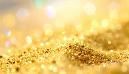 Golden sand sparkles beautifully in soft light, creating a tranquil and shimmering effect in a peaceful setting.の素材