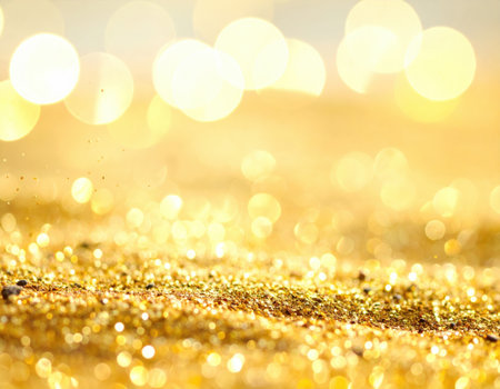 Golden sand sparkles under the bright sun, creating a beautiful scene by the water's edge during a sunny day at the beach.の素材