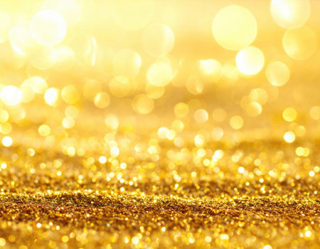 A vibrant backdrop of golden shimmer creates a warm and inviting atmosphere with soft lights dancing in the background.の素材