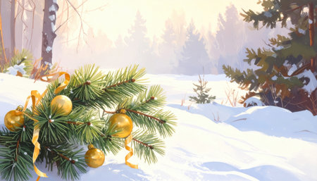 A beautiful winter landscape features pine branches adorned with golden ornaments, surrounded by soft, white snow and distant trees.の素材