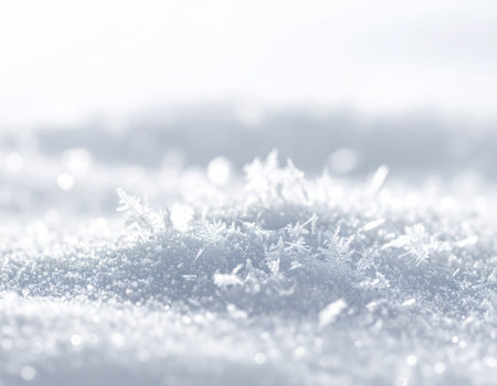 Delicate snowflakes cover the ground, creating a soft, sparkling white layer during a peaceful winter day.の素材