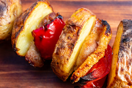 People enjoy grilled meat, peppers, and potatoes on a plate during a summer cookout event. Friends gather around to eat and chat.の写真素材
