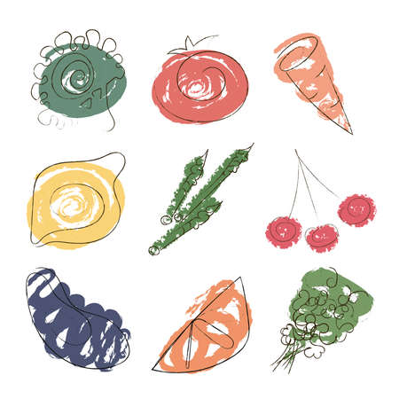 Doodle style vector vegetable and fruits icons setのイラスト素材