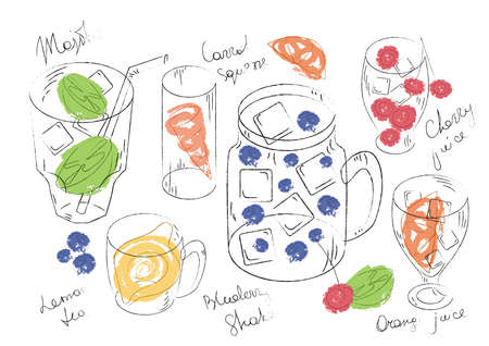 Doodle style vector fruit beverages set. Vector illustration in hand-drawn colorful style.の写真素材