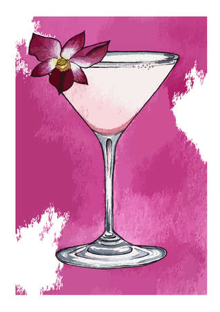 Colorful vector illustration of pink margarita coctail in watercolor styleのイラスト素材
